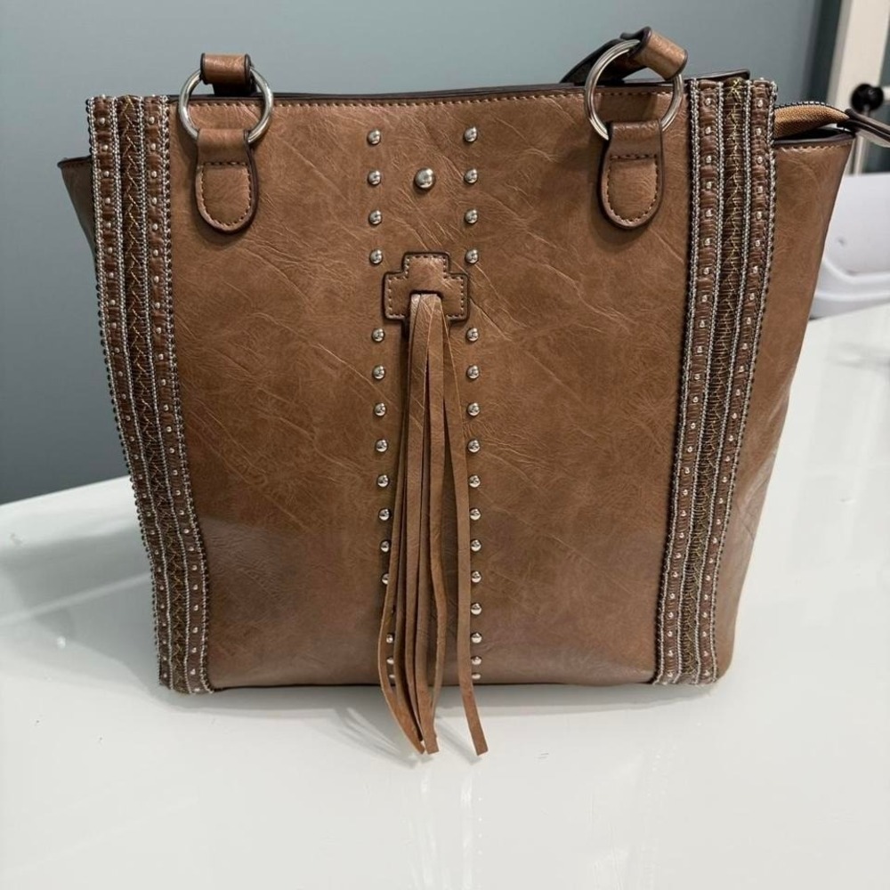 Rein & Bridle Faux Leather Studded Tote | Western Cross Fringe Bag